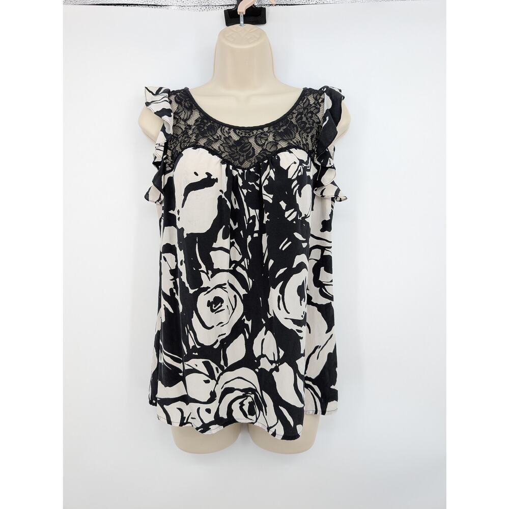 Express 100% Silk Babydoll Flutter Sleeves Lacey Women's Sm Black/White Floral